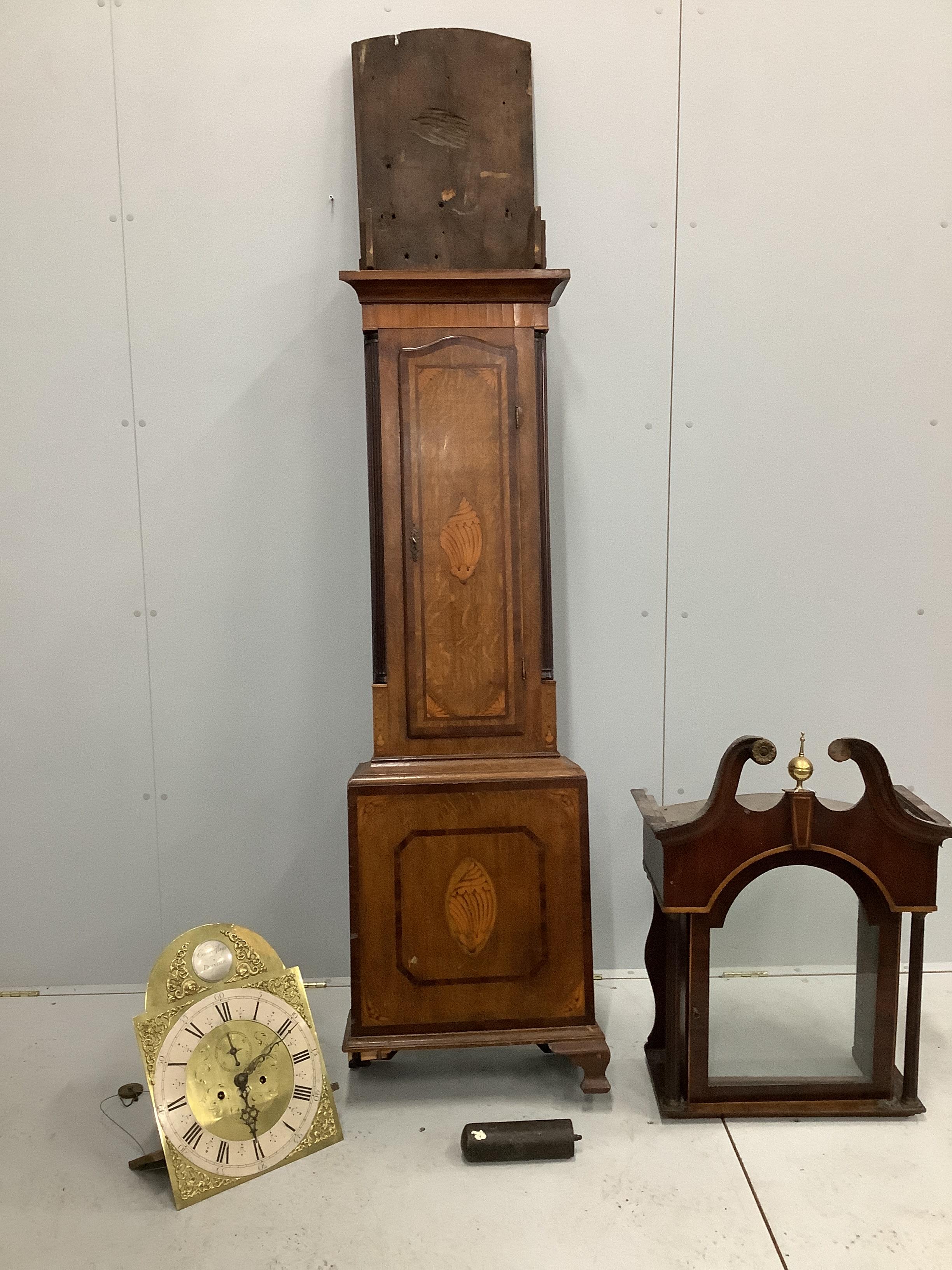 An early 19th century inlaid oak eight day longcase clock, marked Edward Heys, Brindle, in need of restoration, missing a weight and pendulum, height 232cm